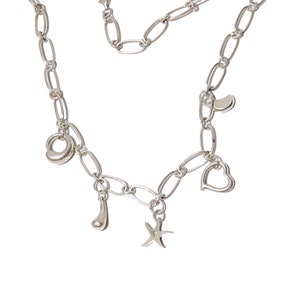 Sterling Silver Charm Necklace: Starfish, Heart, Circle - 17 Inch