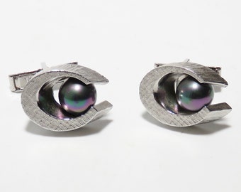 T2 Sterling Silver Cuff links cufflinks faux south sea pearls geometric  C  vintage free shipping