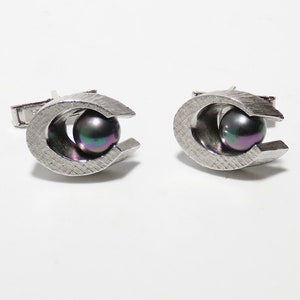 Vintage Sterling Silver Cufflinks with Faux South Sea Pearl, Geometric &#39;C&#39; Shape