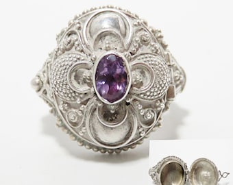 Vintage Poison Ring Locket Ring in Sterling Silver Amethyst Stone 925 Bali Style Indonesian SE Asian Free Shipping