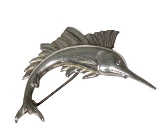 Pewter Marlin Swordfish Fishing Brooch Pin  Signed 