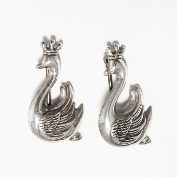 Vintage Sterling Silver Swans wearing crown  brooches pin small pair Free Shipping Swans wearing crowns lot of 2