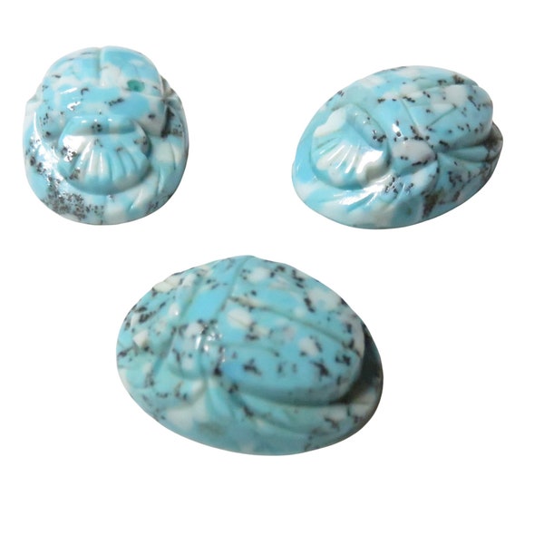 Vintage Egyptian Revival Molded Glass Scarab cabochons Turquoise speckled lot of 3 No drilled holes for Jewelry repair restoration