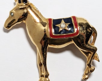 Trifari Donkey Pin Gold tone enamel Democratic party Political brooch Free Shipping