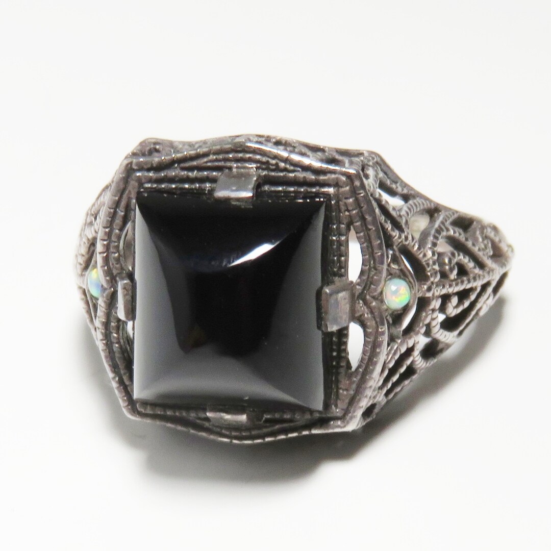 Vintage Sterling Silver Filigree 925 Onyx Ring Size 6 Free