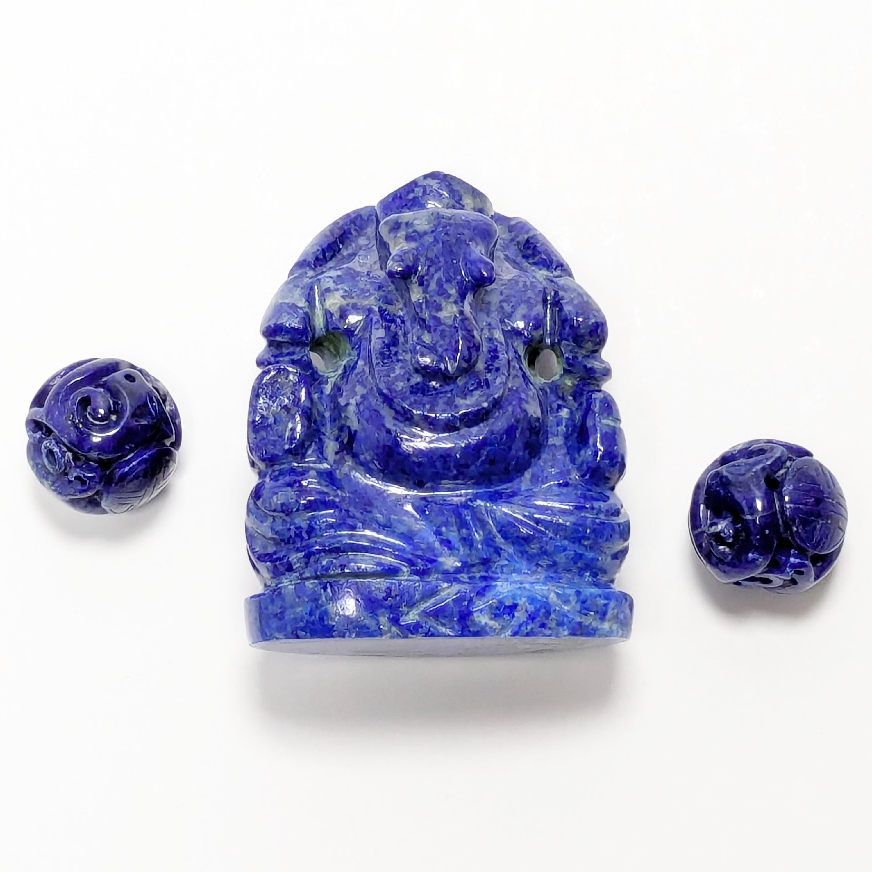 Lapis Lazuli Ganesha Pendant with Hand Carved Asian Beads
