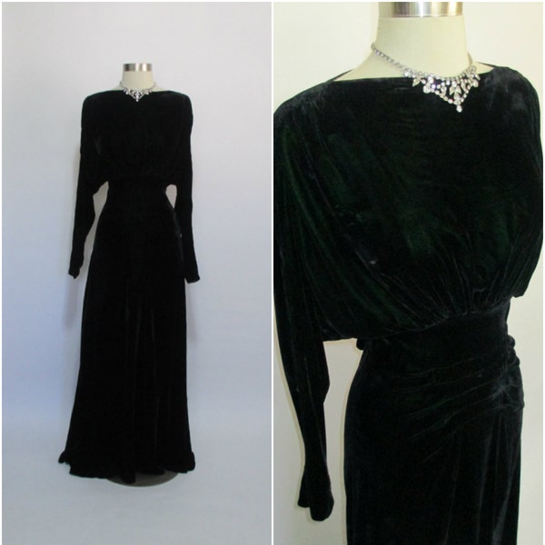 1930's Vintage Dark Green Velvet Old Hollywood Glamour Long Sleeve Cut out Evening Gown 28" Waist