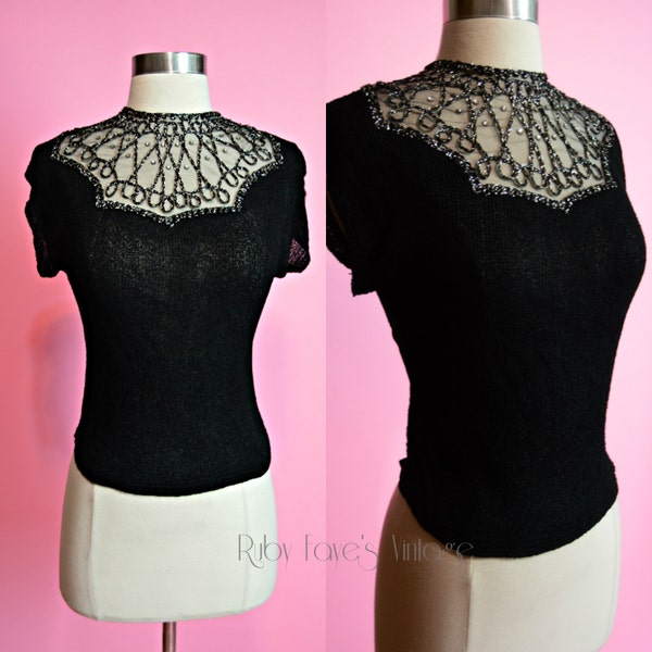 1940's 1950's Vintage Black with Silver Metallic Threading Sheer Illusion Neckline Mesh Rhinestones Short Sleeve Sweater 26"-34" Waist S/M/L