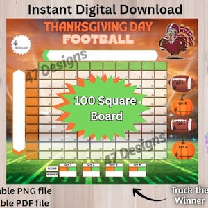 May include: Thanksgiving Day football board game with a 100-square grid. The design includes footballs, pumpkins, and a turkey illustration. Text includes "Instant Digital Download" and "Printable PNG file".