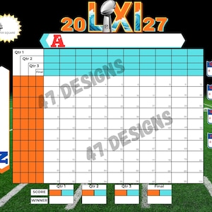 May include: A Super Bowl LXI 2027 football pool grid featuring a 10x10 numbered square layout with orange and light blue headers. The design includes sections for Qtr 1, Qtr 2, Qtr 3, and Final scores, with a trophy icon and text reading 47 DESIGNS.