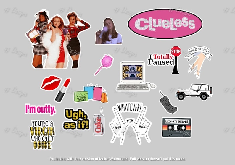 May include: A set of 14 stickers featuring characters and quotes from the movie Clueless. The stickers include the main characters Cher, Dionne, and Tai, as well as iconic quotes like "I'm outty", "Ugh, as if!" and "Whatever!"