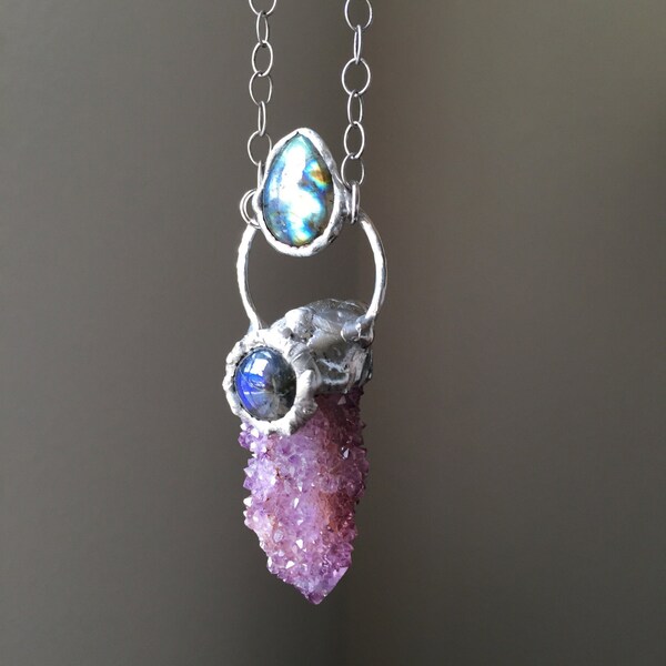 Purple Spirit Quartz and Labradorite Silver Pendant Necklace