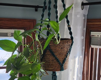 Macrame Plant Hanger - Green Bohemian macrame decor - Handmade plant hanger - Macreme plant holder - Macrame with beads