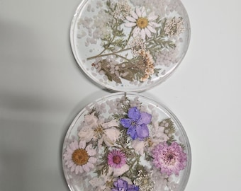 One Set (2) of 4 Inch Round Resin Flower Coasters