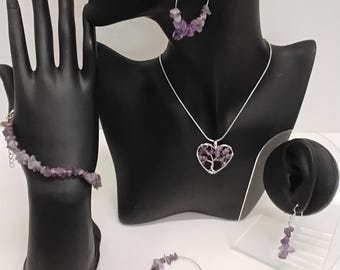 Handmade Purple Earth Stone Jewelry Set: Necklace, Bracelet and two pairs of Earrings #406