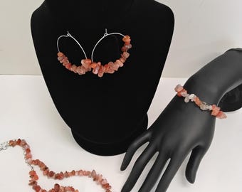 Rose Pink Earth Stones Jewelry Set: Necklace, Bracelet & Hoop Earrings