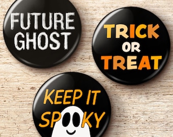 Spooky Trick or Treat Buttons Pin Set - Minimalist Halloween Costume Ghost Pinback Buttons