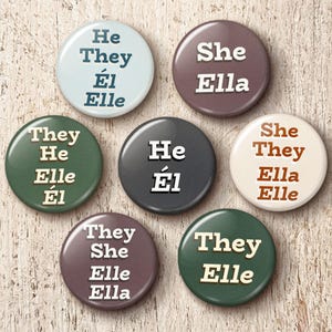 Spanish Bilingual Pronoun Pins Multipack - Ella Él Elle Earth Tones Bulk Pinback Button Set