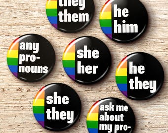 Pride Flag Pronoun Pin Button - She He They Them Retro Rainbow Bulk Pinback Buttons