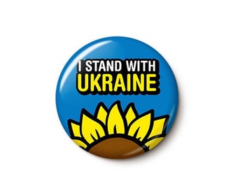 Stand With Ukraine Pin Button | Anti-War Anti-Putin Pin | Blue Yellow Ukrainian Sunflower | 1 Inch or 1.75 Inch Pinback Button