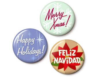 Retro Xmas Buttons Pin Set | Midcentury Modern Christmas Pins | Happy Holiday Pins | 1 Inch or 1.75 Inch Pinback Buttons