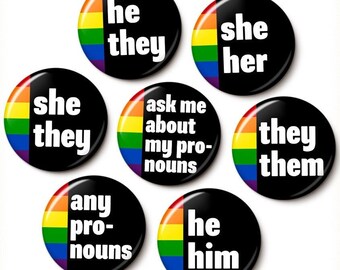 Pronoun Pin Pride Flag Pronoun Button - They Them She He Any Ask Me - Retro Style Bulk Pronoun Pins - 1 or 1.75 Inch Pinback Button Magnet