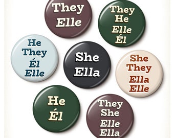 Spanish Bilingual Pronoun Pins Multipack | Ella Él Elle | Assorted Earth Tones Bulk Pronoun Pins | 1 Inch or 1.75 Inch Pinback Button Set