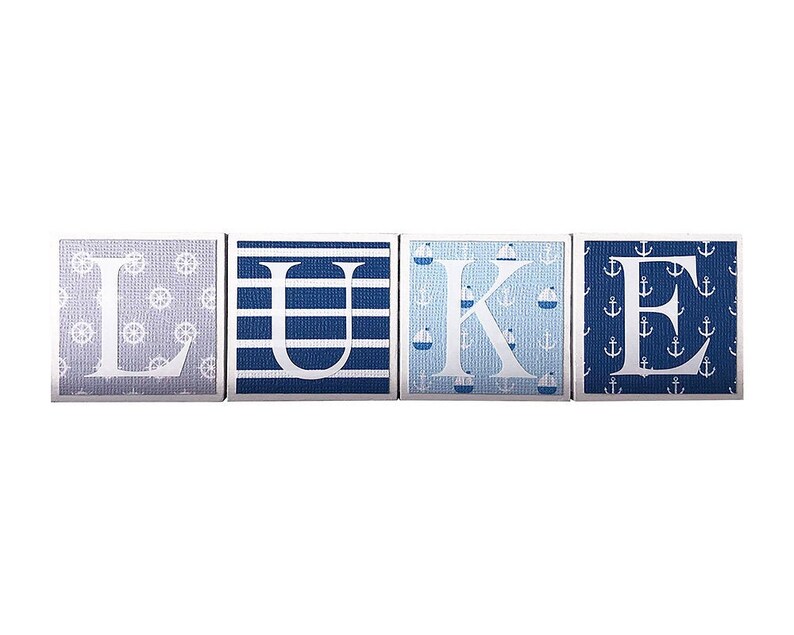 Baby Name Blocks Wooden Letter Shower Gift Photo Prop Personalized Custom Nautical Theme Blue