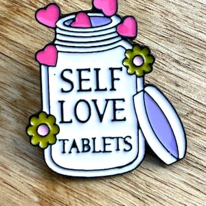 Self Love Tablets Enamel Pin Inspirational Mental Health Gift Cute Jar of Hearts Pin Positive Affirmation Lapel Flair – Self Care Pin
