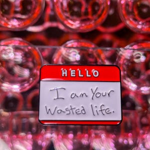 May include: Red and white enamel pin with the text "HELLO I am your wasted life."