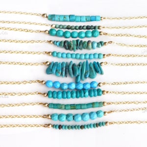 Dainty Turquoise Necklace Silver, Real Turquoise Bar Necklace Gold, Simple Beaded Jewelry For Women Sterling Silver, Boho Chic Minimalist