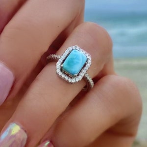 Radiant Cut Larimar Ring: Sterling Silver & Cubic Zirconia