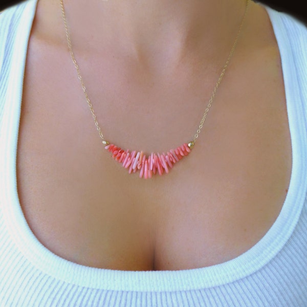 Pink Coral Necklace For Women, Natural Genuine Coral  Branch Necklace Gold, Beach Wedding Jewelry For Bridesmaids,Rose Gold, Sterling Silver