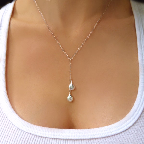 Sterling Silver Teardrop Necklace, Teardrop Y Lariat, Mother Of Two Women's Simple Necklace, Raindrop Pendant Jewelry, Gift For Her