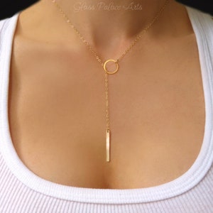 Gold Lariat Necklace For Women, Rose Gold Y Necklace 14k Gold Vertical Bar Necklace Claspless, Long Choker Drop, Bridesmaid Jewelry Gift Gold
