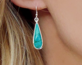 Turquoise Pendant Earrings Sterling Silver 925, Genuine Turquoise Teardrop Earrings For Women, Dainty Dangling Gemstone Drops, Gift For Her