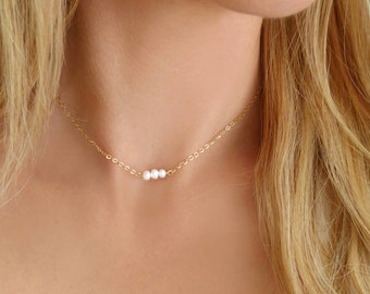 Small Pearl Choker Necklace For Women, Dainty Three Pearl Necklace Rose Gold, Bridesmaid Bridal Freshwater Pearl Jewelry Sterling Silver