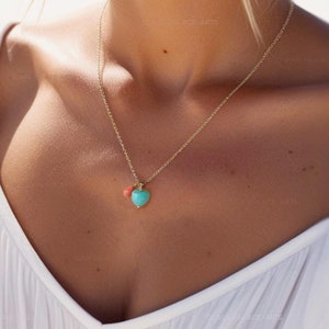 Turquoise Heart Necklace: Coral Accent, 14k Gold Fill or Sterling Silver