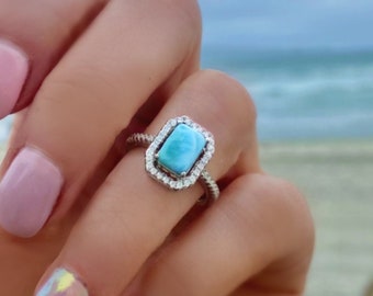 Bague Larimar naturelle, bague de fiançailles Larimar et zircone cubique pour femmes, pierre précieuse semi-précieuse coupe radiante en argent sterling 925