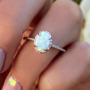 White Opal Ring For Women, Engagement Ring, 925 Sterling Silver White Opal With Cubic Zirconia, October Birthstone Gift For Her