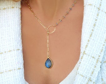 Labradorite Necklace For Women, Blue Gemstone Teardrop Lariat Statement Necklace Adjustable, Rainbow Labradorite Pendant, Gift For Her