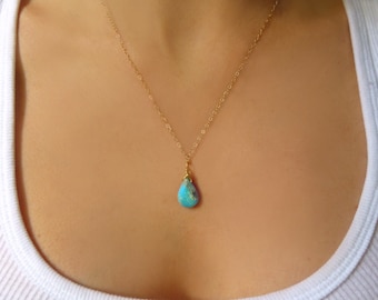 Sleeping Beauty Turquoise Teardrop Necklace: Genuine Gemstone, Sterling Silver or 14k Gold Fill