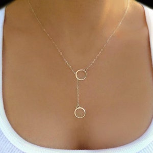 Sterling Silver Infinity Lariat Necklace: Dainty Double Circle Y Drop