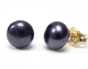 Black Pearl Earrings Stud, Dark Blue Black Freshwater Pearl Post Earrings For Women 14k Gold Fill or Sterling Silver, Jewelry Gift For Her