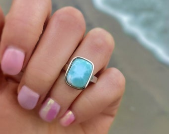 Larimar Ring For Women, 925 Sterling Silver, Rectangle Hammered Blue Caribbean Stone Statement Ring Semi Precious Stone, Beach Bohemian Chic