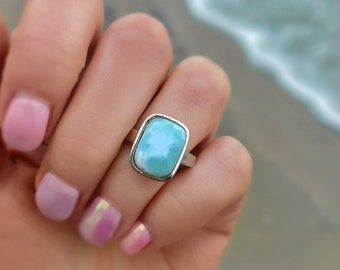 Bague Larimar Pour Femme, Argent Sterling 925, Rectangle Martelé Bleu Caraïbe Pierre Déclaration Bague Pierre Semi Précieuse, Plage Boho Chic