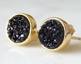 Black Druzy Earrings, Real Druzy Stud Earrings For Women 8mm Gold, Raw Stone Jewelry, Simple, Sparkly Agate Geode Earrings Gift For Her