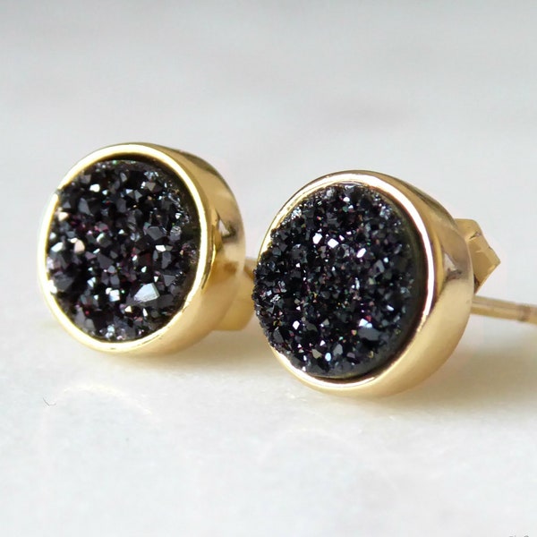 Black Crystal Stud Earrings: 8mm Gold