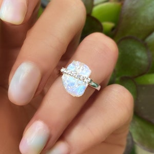 Raw Moonstone Ring: Sterling Silver Band with White Topaz