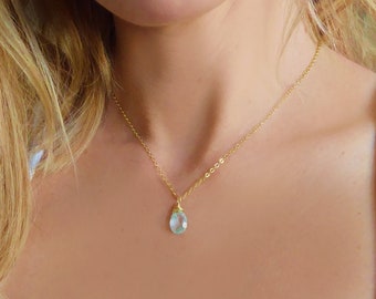 Genuine Aquamarine Necklace For Women, Dainty Teardrop Gemstone Necklace, Aquamarine Pendant, March Birthstone Jewelry, Gift For Her